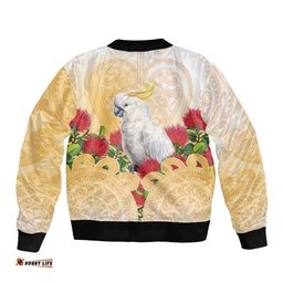 New Zealand Aotearoa Cockatoo Bomber Jacket Maori Pattern With Pohutukawa Flowers LT05