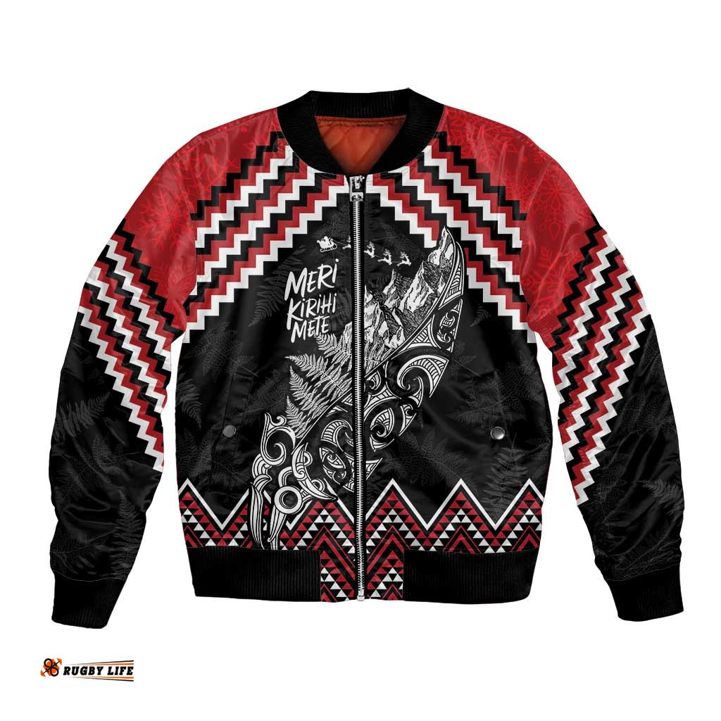 New Zealand Christmas Taniko Poutama Bomber Jacket Mountainscape Maori Fern LT7