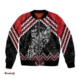 New Zealand Christmas Taniko Poutama Bomber Jacket Mountainscape Maori Fern LT7
