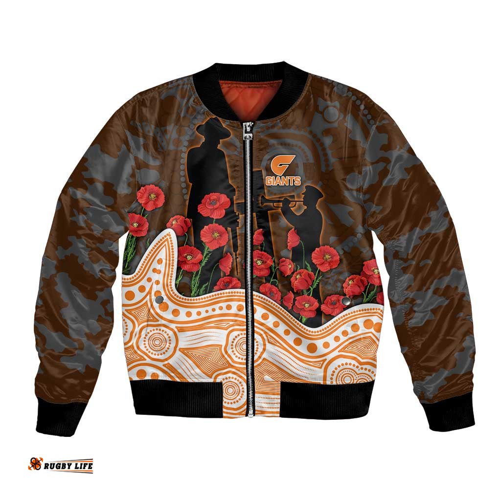 GWS Giants ANZAC Day Bomber Jacket Indigenous Dot Art with Poppy Flower Tribute TS04