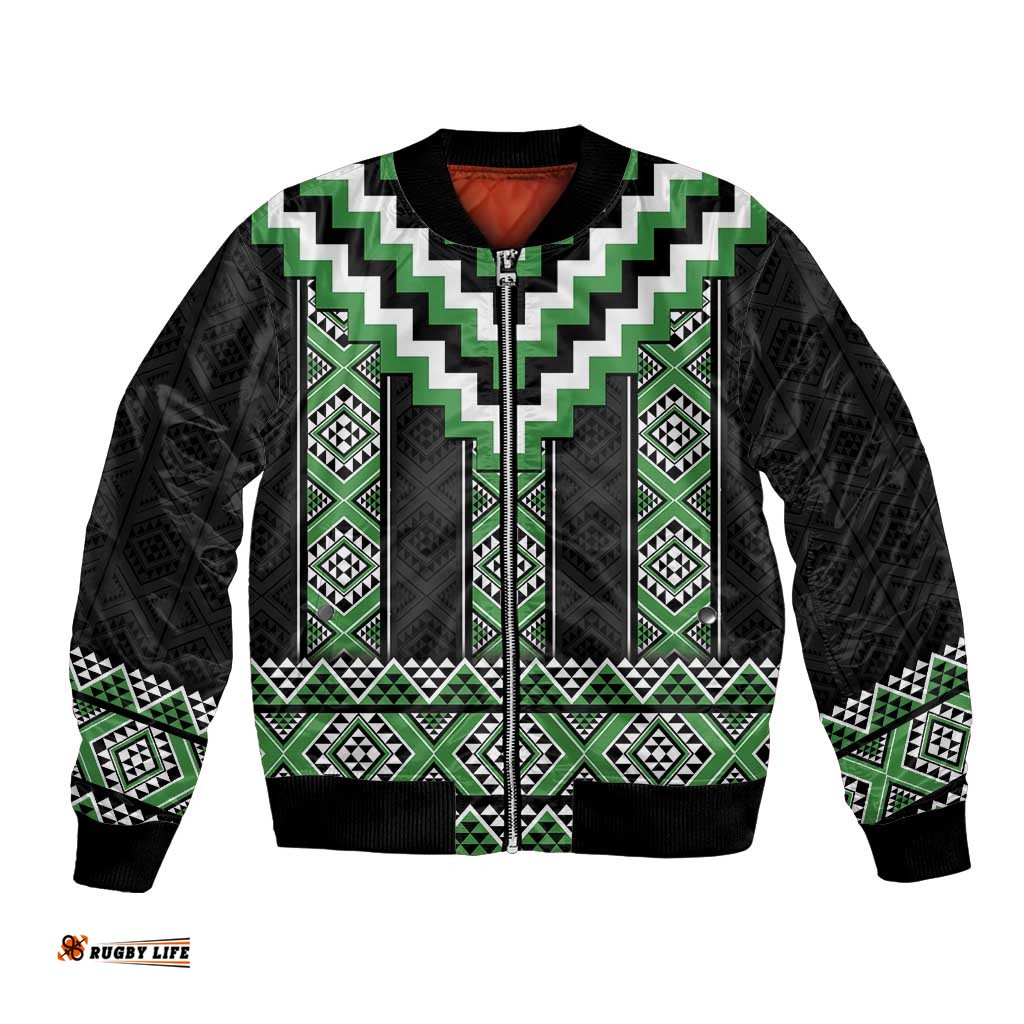 Green Taniko Pattern Aotearoa Bomber Jacket Niho Taniwha Mix Poutama LT14