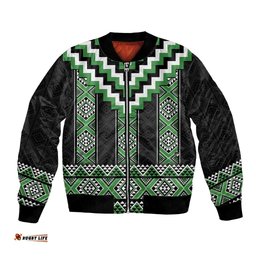 Green Taniko Pattern Aotearoa Bomber Jacket Niho Taniwha Mix Poutama LT14