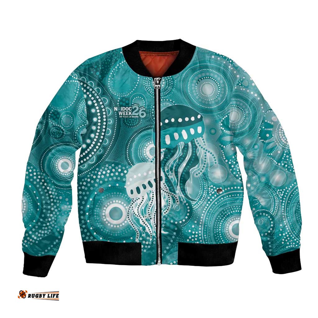 NAIDOC Deadly 50 Years Bomber Jacket Jellyfish Aboriginal Culture Inspired Turquoise LT9