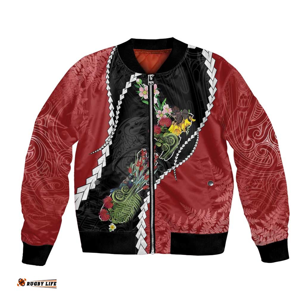 New Zealand Christmas Bomber Jacket Flora Map with Birds LT7