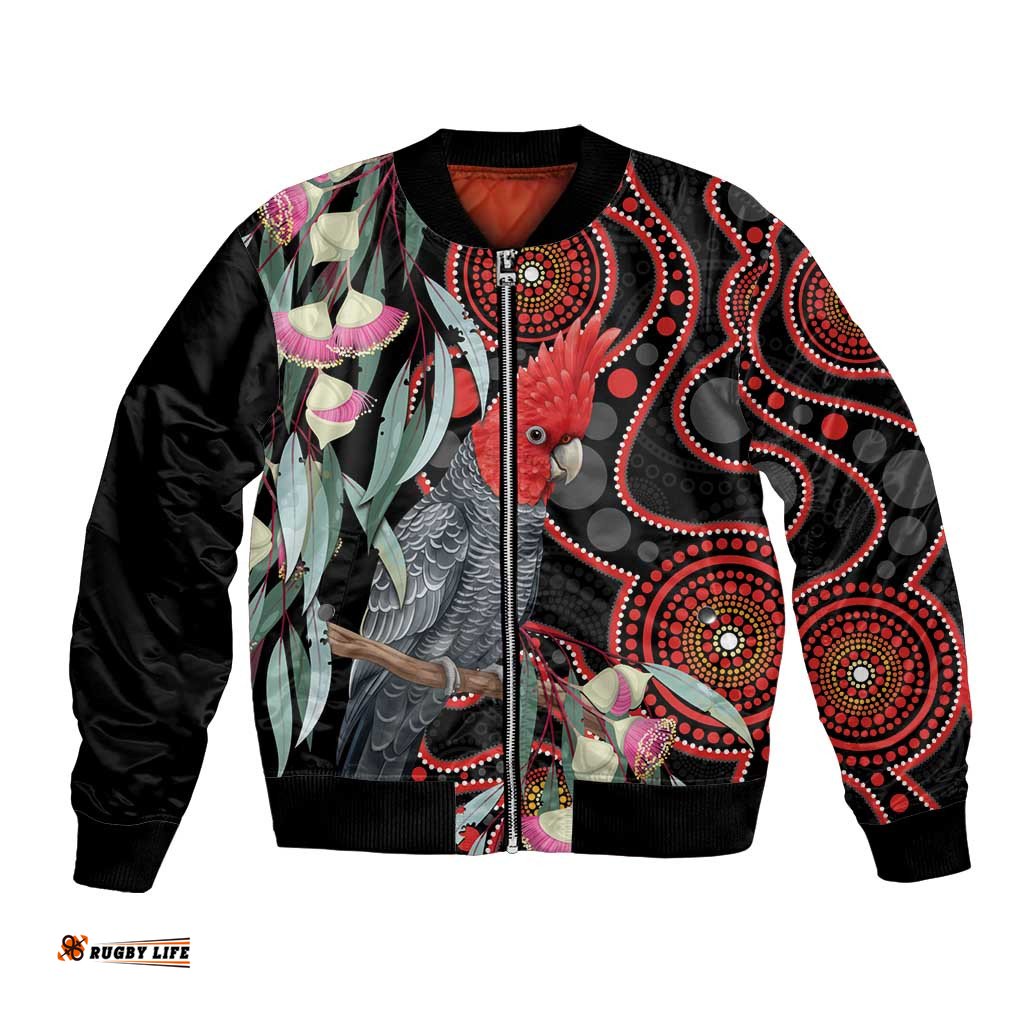 Gang-gang Cockatoo Australia Bomber Jacket Eucalyptus Blossoms Aboriginal Art LT14