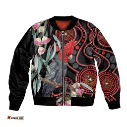 Gang-gang Cockatoo Australia Bomber Jacket Eucalyptus Blossoms Aboriginal Art LT14
