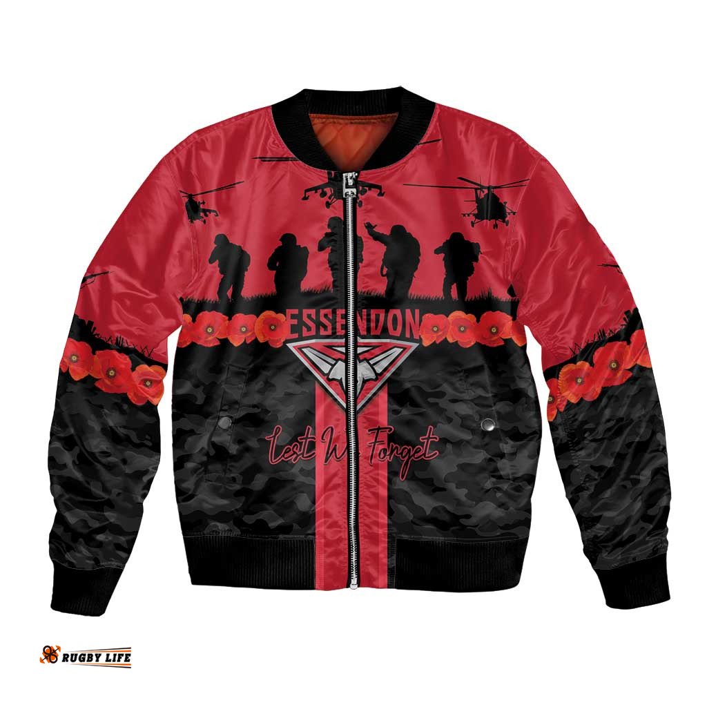 Personalised Essendon Football ANZAC Day Bomber Jacket Bombers Poppy Lest We Forget LT14