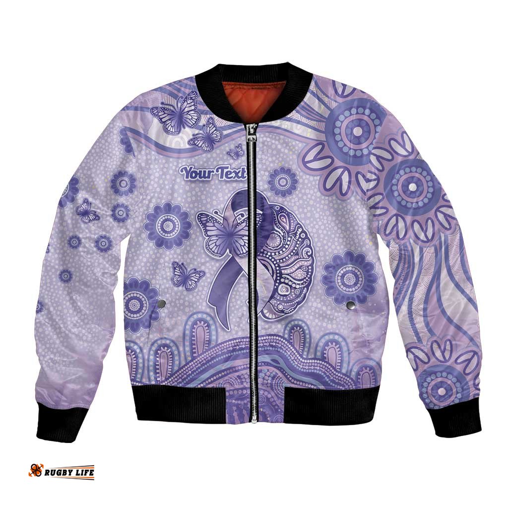 Personalised Epilepsy Awareness Bomber Jacket Purple Ribbon Butterfly And Brain Aboriginal Art DT05
