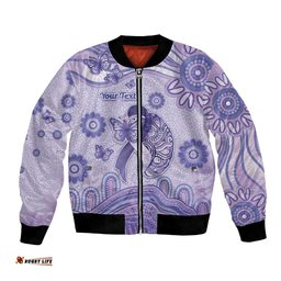 Personalised Epilepsy Awareness Bomber Jacket Purple Ribbon Butterfly And Brain Aboriginal Art DT05