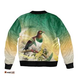New Zealand Pigeon Kereru Bomber Jacket Maori Fern Art Green Gradient LT05
