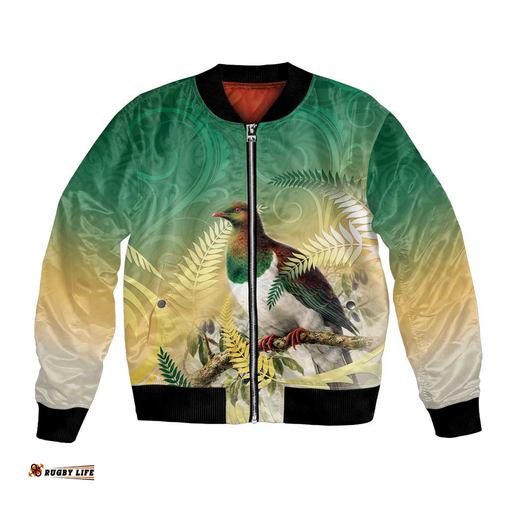 New Zealand Pigeon Kereru Bomber Jacket Maori Fern Art Green Gradient LT05