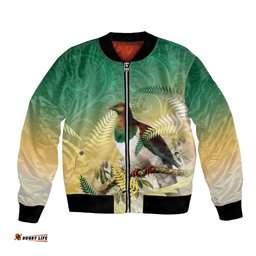 New Zealand Pigeon Kereru Bomber Jacket Maori Fern Art Green Gradient LT05
