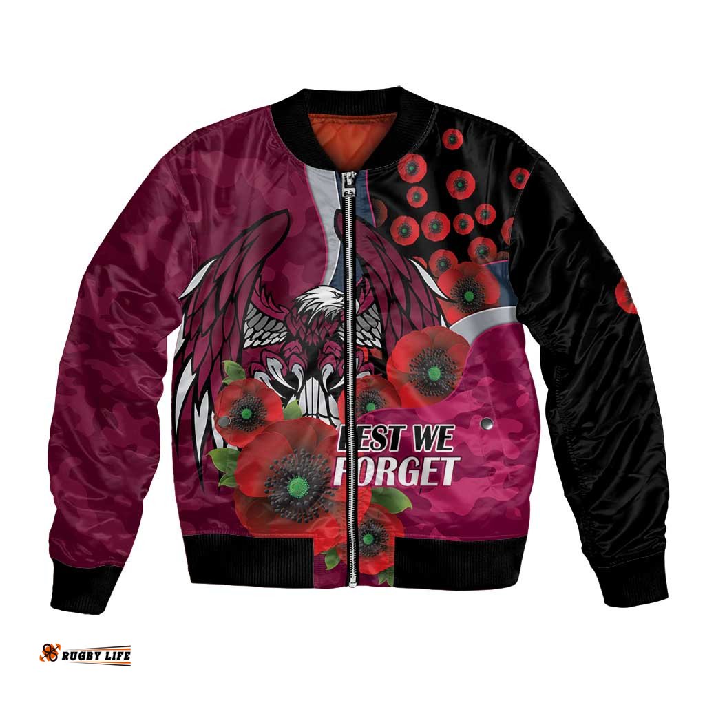 Manly Warringah Sea Eagles ANZAC Personalised Bomber Jacket Lest We Forget Poppy Camo LT9