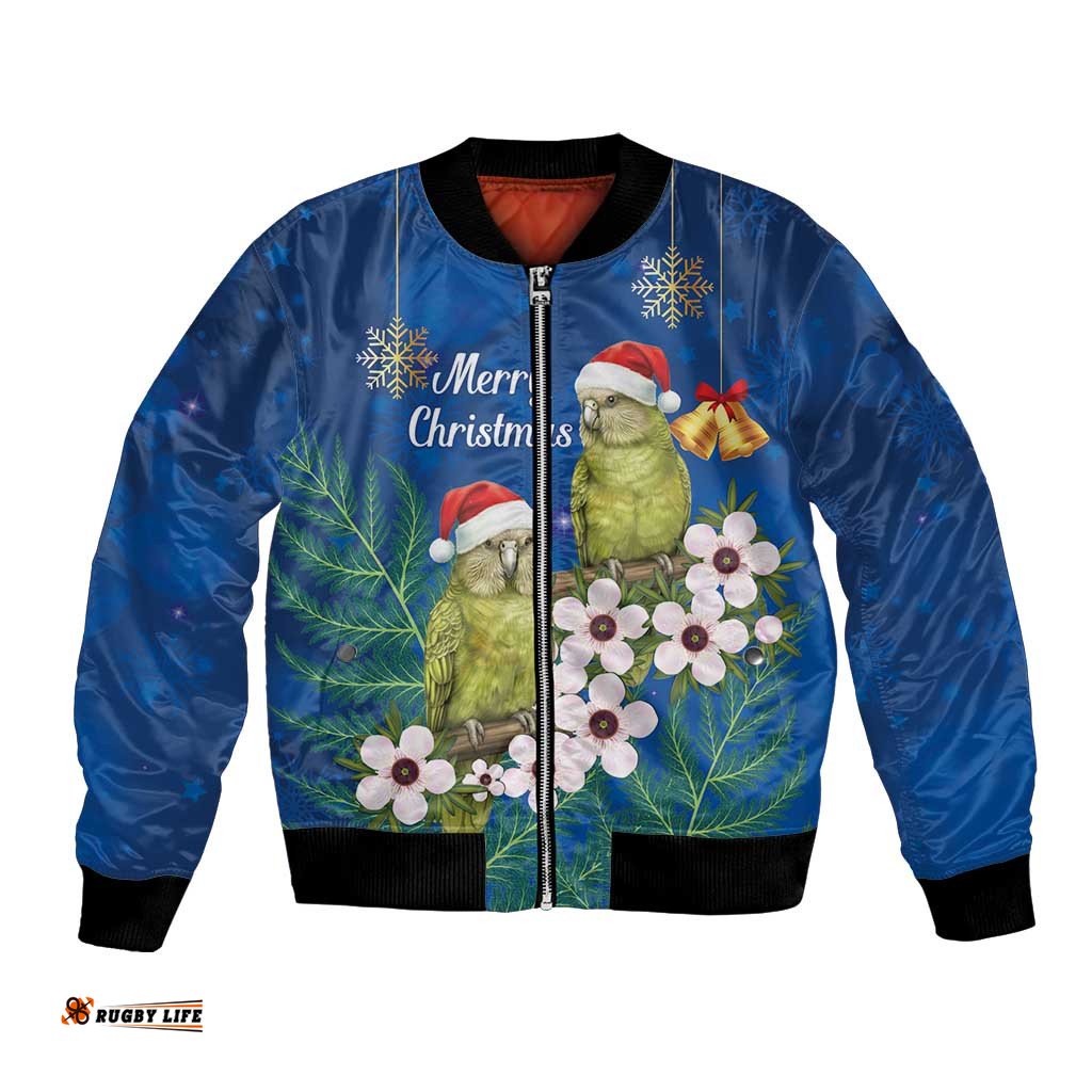 New Zealand Kakapo Christmas Bomber Jacket Owl Parrot Santa Sliver Fern Manuka - Blue LT14