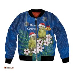 New Zealand Kakapo Christmas Bomber Jacket Owl Parrot Santa Sliver Fern Manuka - Blue LT14