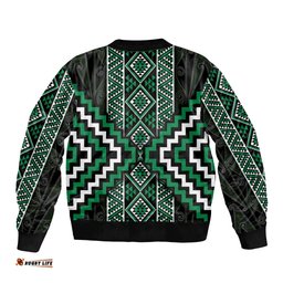 Jade Tukutuku Pattern Aotearoa Bomber Jacket Niho Taniwha and Puhoro Motifs LT7