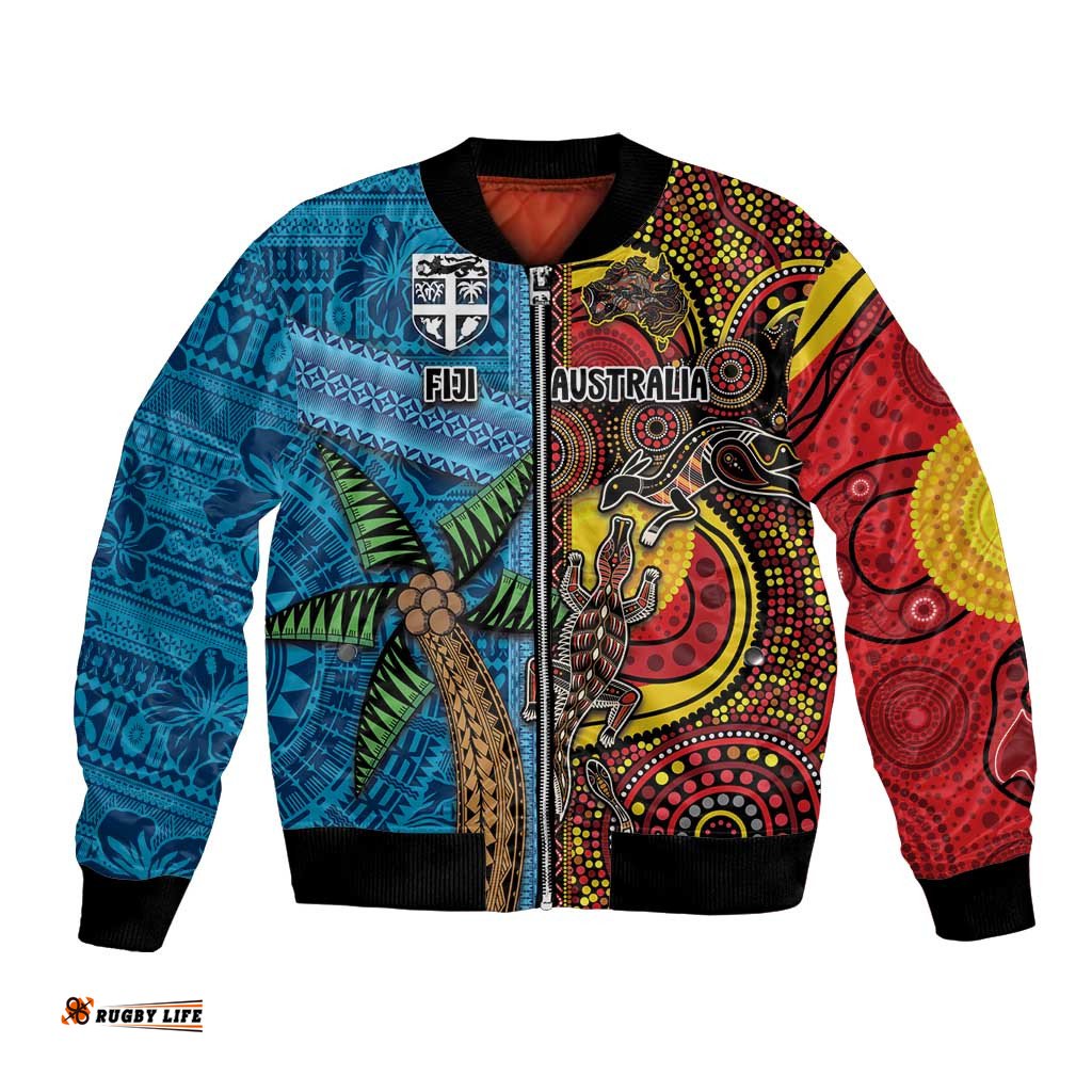 Personalised Australia and Fiji Together Bomber Jacket Tribal Palm Tree with Tapa and Aboriginal Animals Half Style LT03