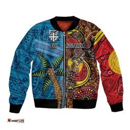 Personalised Australia and Fiji Together Bomber Jacket Tribal Palm Tree with Tapa and Aboriginal Animals Half Style LT03