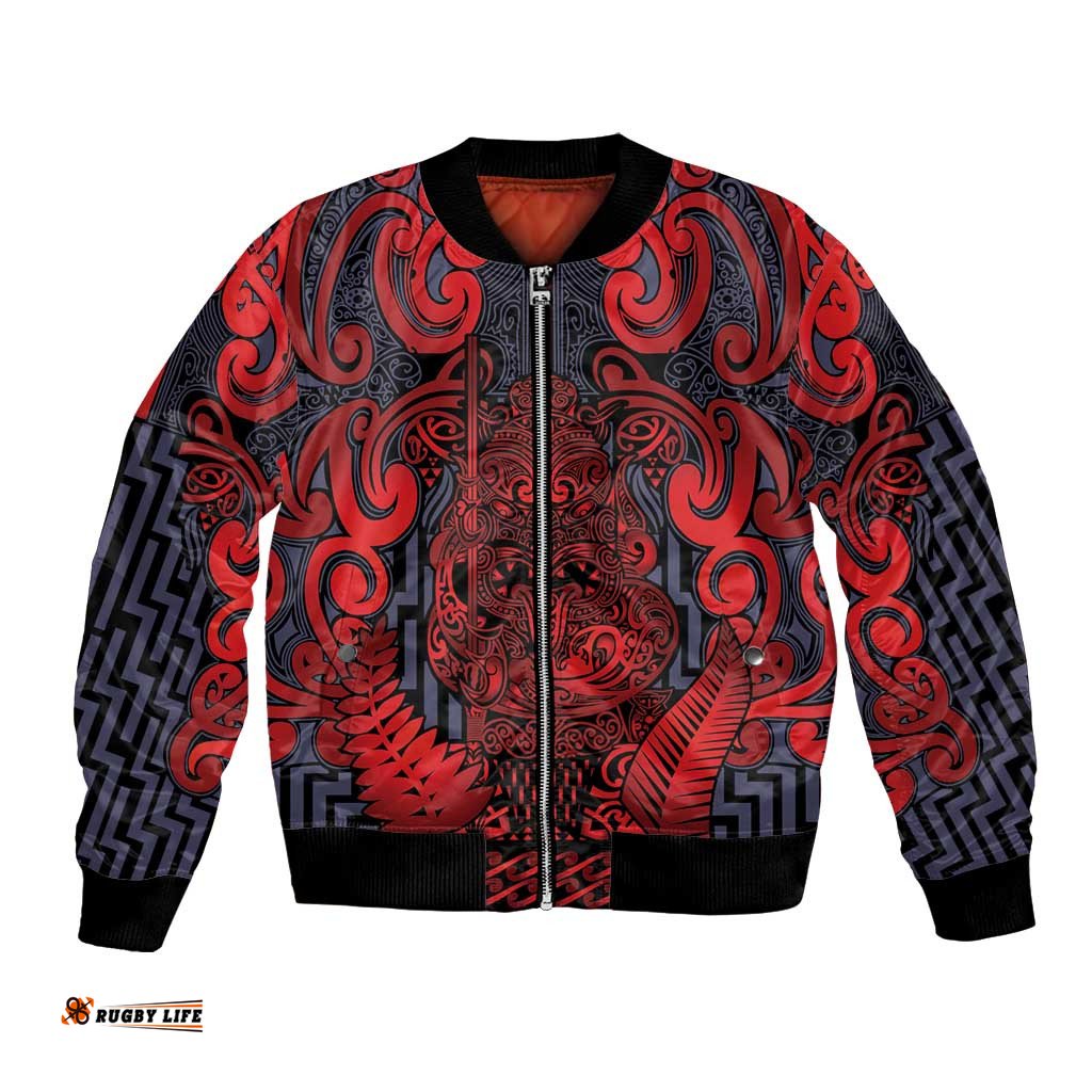 Custom New Zealand Taiaha Maori Bomber Jacket Whero Minimalist Silver Fern Tukutuku Motif LT9