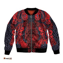 Custom New Zealand Taiaha Maori Bomber Jacket Whero Minimalist Silver Fern Tukutuku Motif LT9