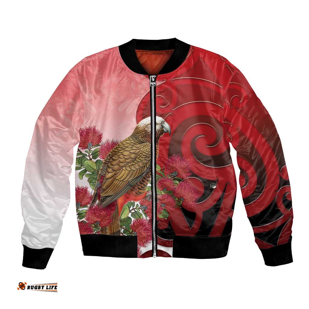 New Zealand Parrot Kaka Bomber Jacket Maori Koru With Pohutukawa Flowers LT05
