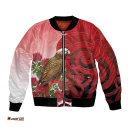 New Zealand Parrot Kaka Bomber Jacket Maori Koru With Pohutukawa Flowers LT05