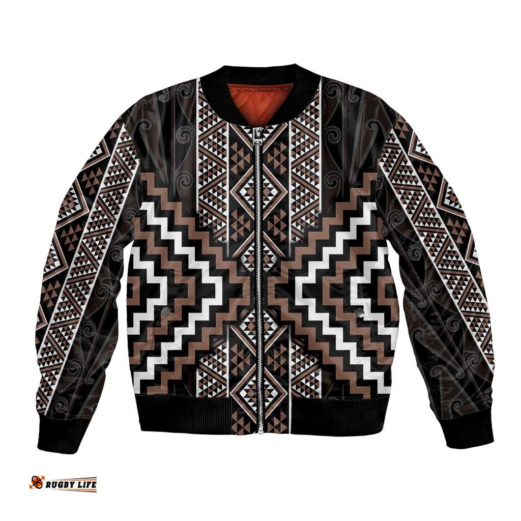 Classic Tukutuku Pattern Aotearoa Bomber Jacket Niho Taniwha and Puhoro Motifs LT7