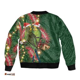 Green Budgerigars on Callistemon Bomber Jacket Merry Christmas Aussie LT7