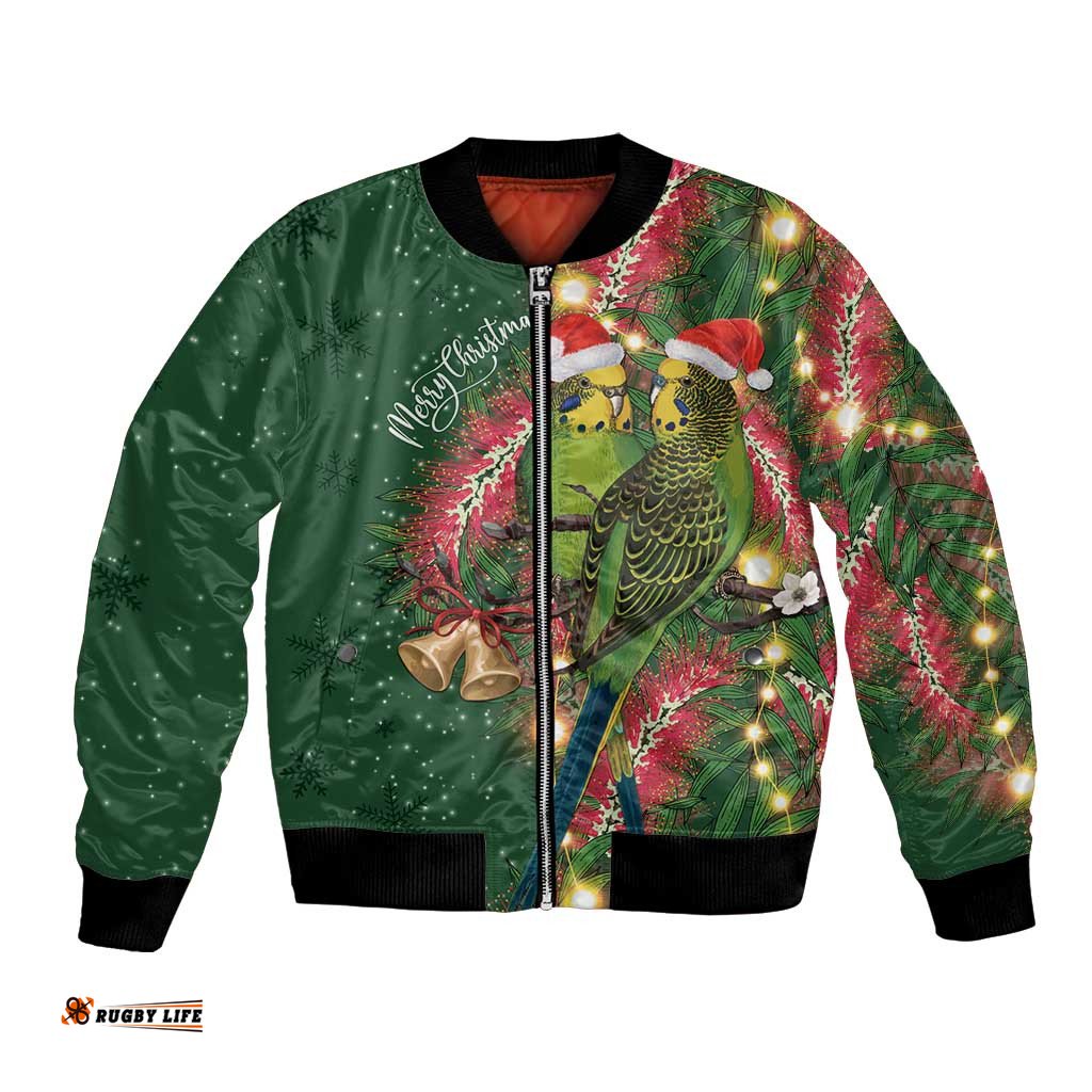 Green Budgerigars on Callistemon Bomber Jacket Merry Christmas Aussie LT7