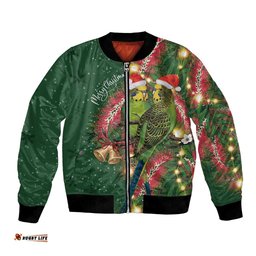 Green Budgerigars on Callistemon Bomber Jacket Merry Christmas Aussie LT7
