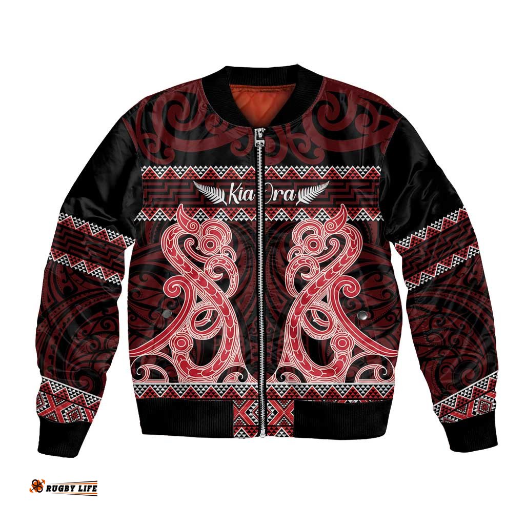 Kia Ora New Zealand Bomber Jacket Maori Language Week Whero Taniko Motif LT14