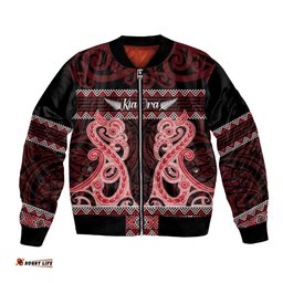 Kia Ora New Zealand Bomber Jacket Maori Language Week Whero Taniko Motif LT14