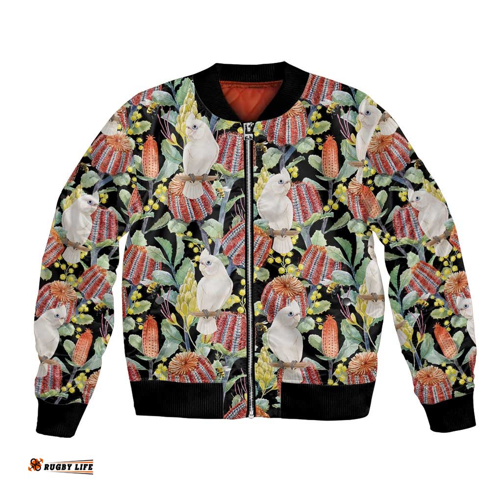 Little Corella Australia Cockatoo Bomber Jacket Cacatua Sanguinea Banksia Seamless Black LT14