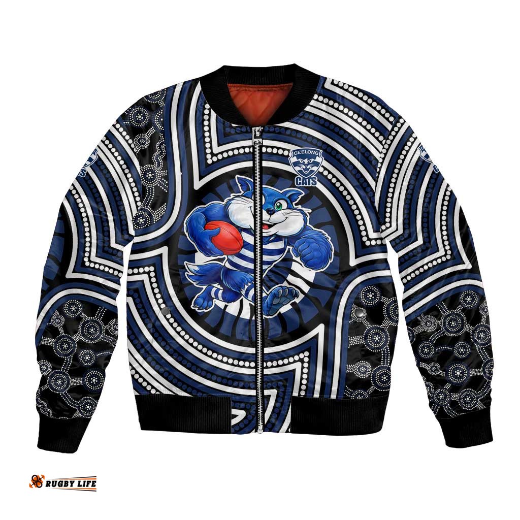 Geelong Cats Bomber Jacket Indigenous Monochrome Dot Art Mascot Style TS04