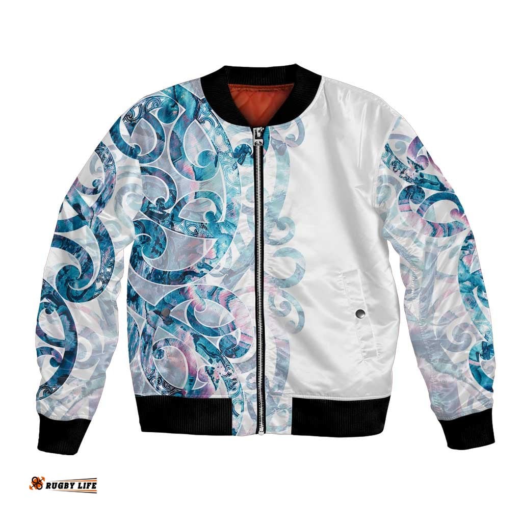 Turquoise Paua Shell Maori Bomber Jacket Koru Kowhaiwhai LT7