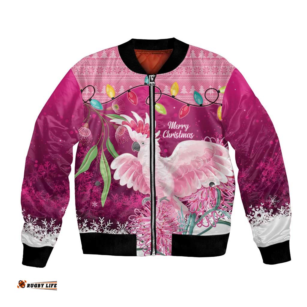 Pink Cockatoo Australia Christmas Bomber Jacket Grevillea Eucalyptus Blossoms LT14