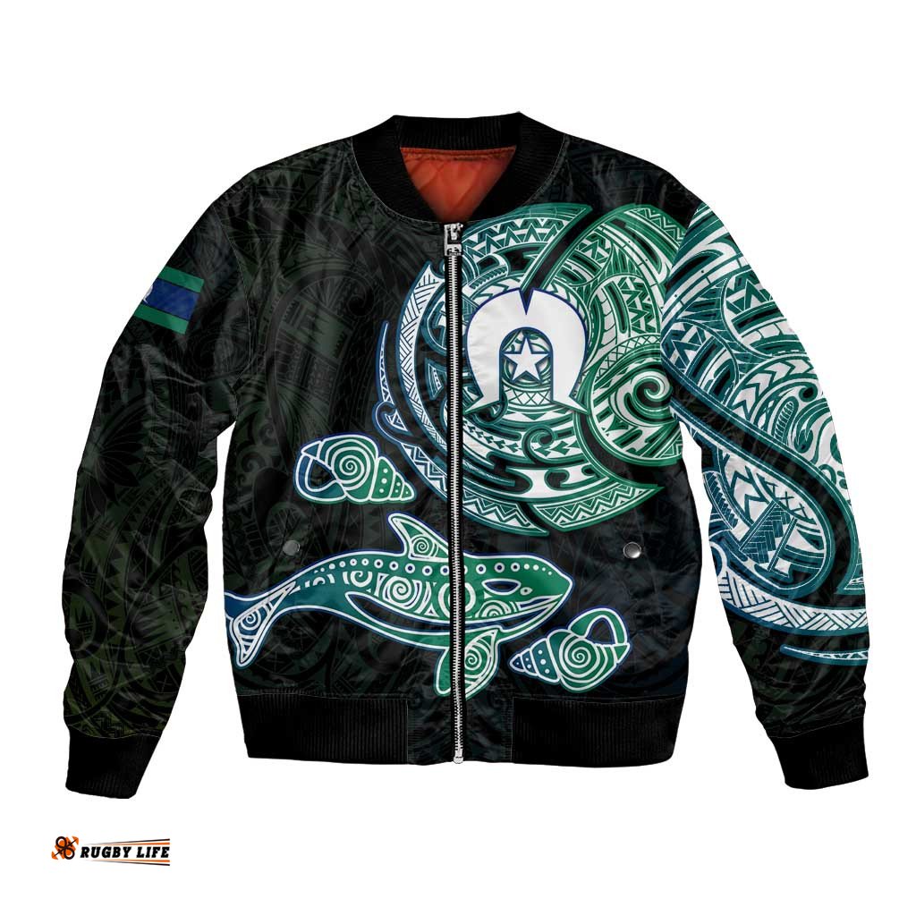 Whale and Dhari Torres Strait Islands Bomber Jacket Deep Green Oceanic Tribal Pattern Art TS04