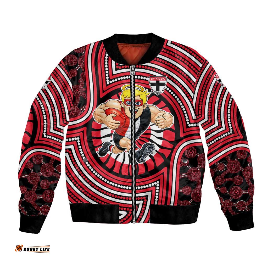 St Kilda Football Club Bomber Jacket Indigenous Monochrome Dot Art Mascot Style TS04
