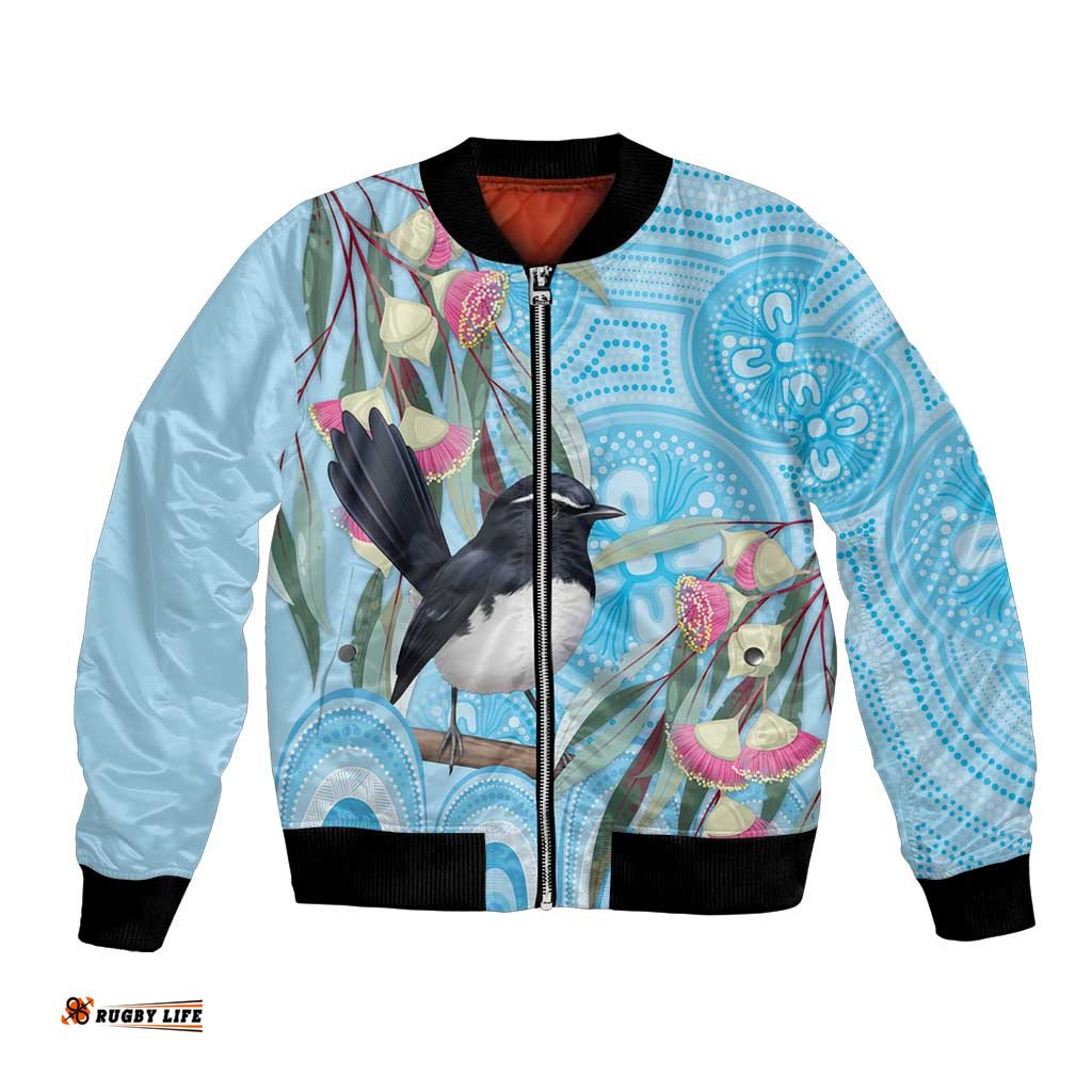 Willie wagtail Australia Bomber Jacket Eucalyptus Blossoms Aboriginal Art LT14