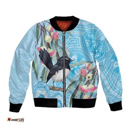 Willie wagtail Australia Bomber Jacket Eucalyptus Blossoms Aboriginal Art LT14