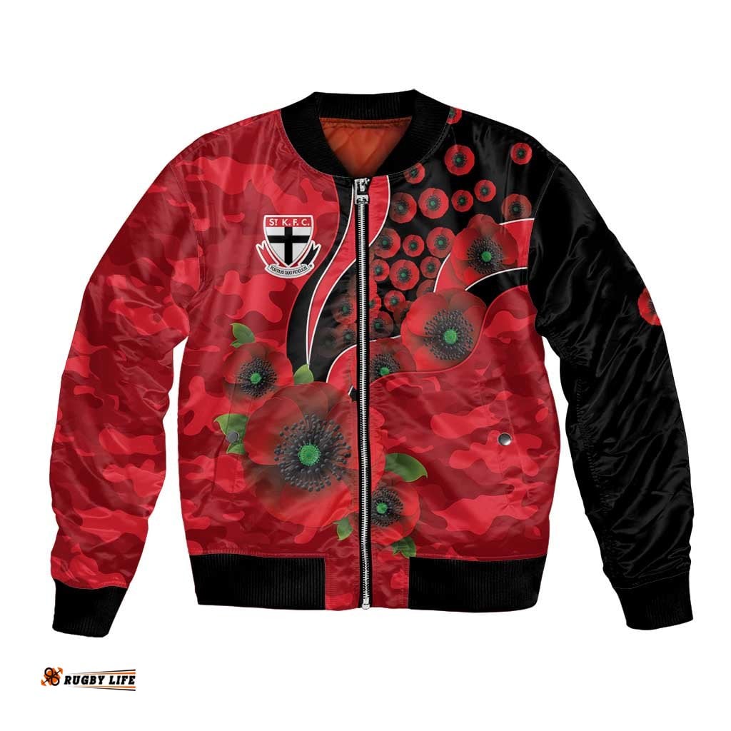 St Saints ANZAC Personalised Bomber Jacket Lest We Forget Poppy Camo LT9