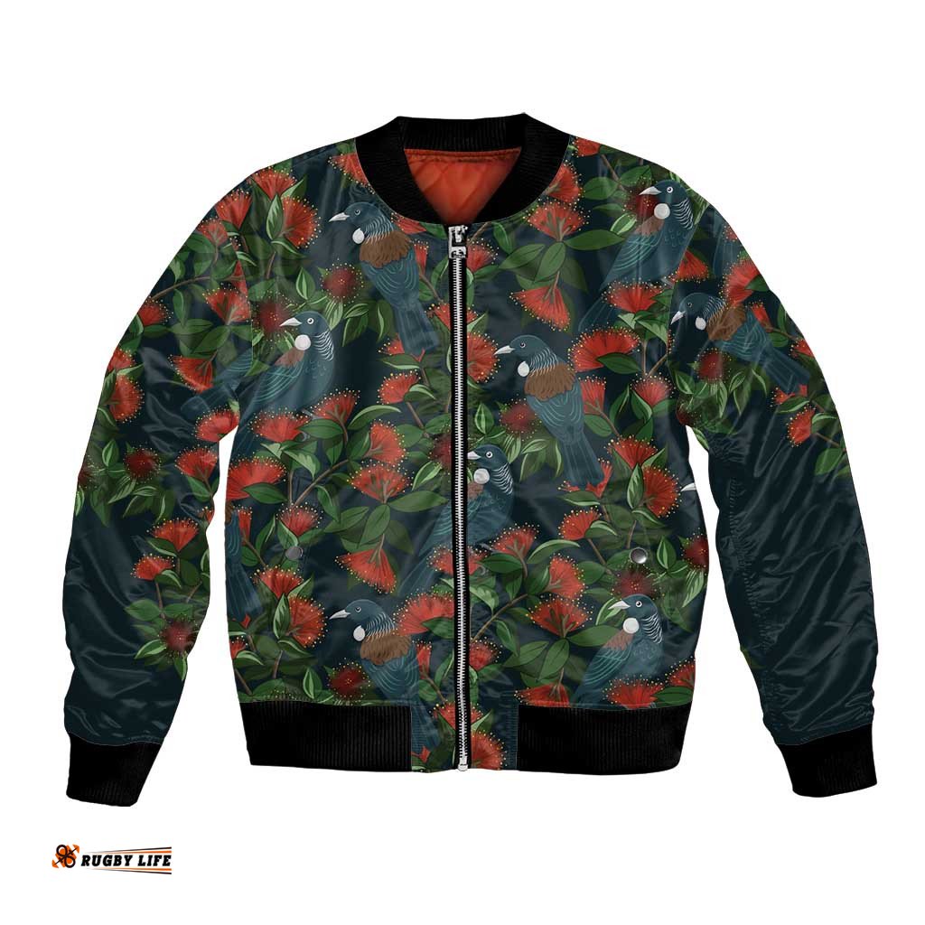New Zealand Christmas Bomber Jacket Romantic Tui Birds on Pohutukawa - Cobalt LT7