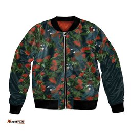 New Zealand Christmas Bomber Jacket Romantic Tui Birds on Pohutukawa - Cobalt LT7