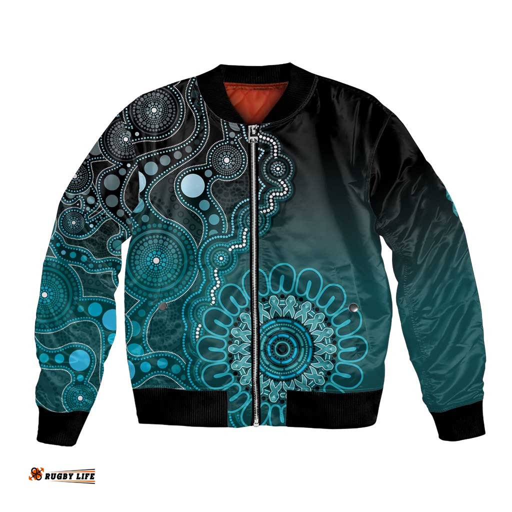 Personalised Ovarian Cancer Awareness Bomber Jacket Teal Ribbon Aboriginal Art LT05