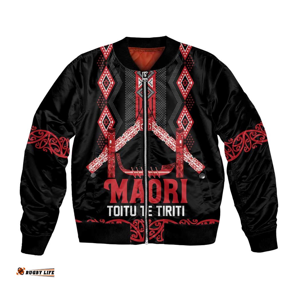 Toitu Te Tiriti Waitangi Bomber Jacket Black Wharenui House LT9