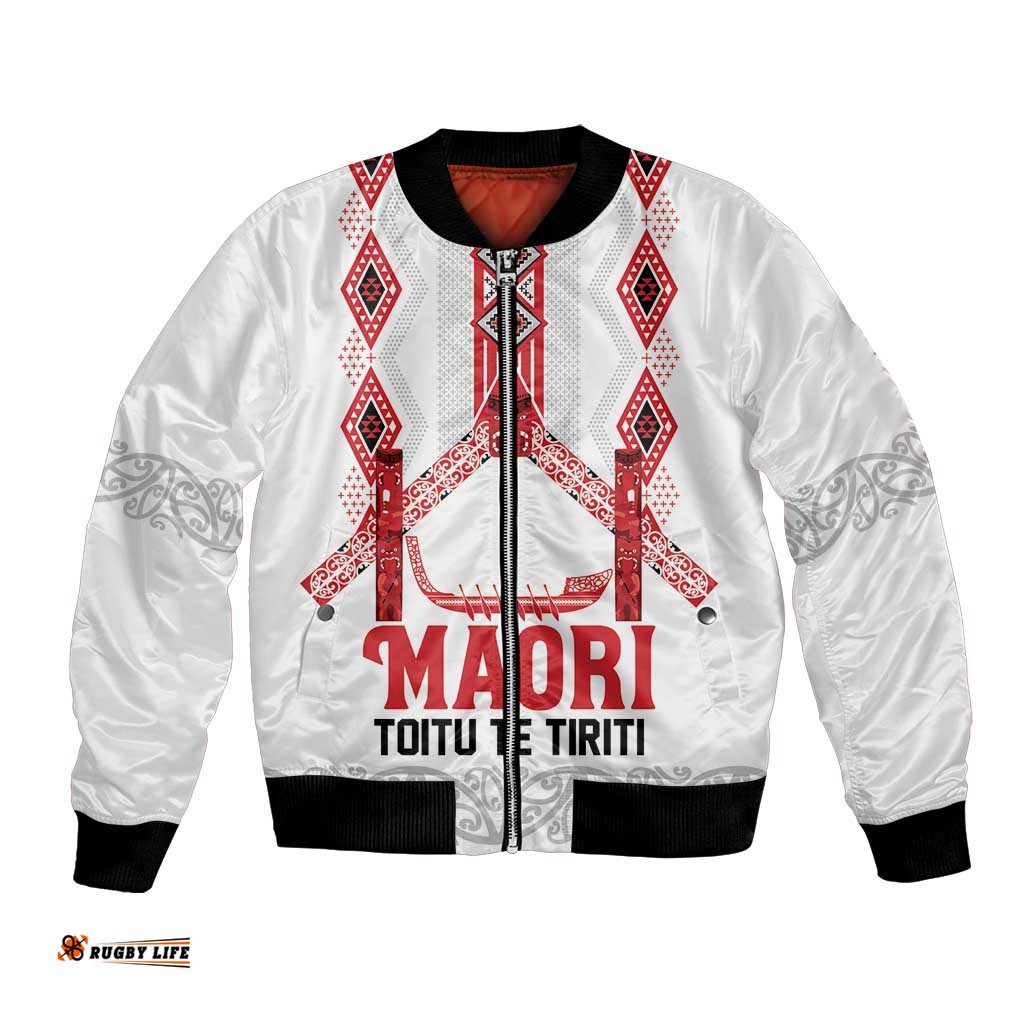 Toitu Te Tiriti Waitangi Bomber Jacket White Wharenui House LT9