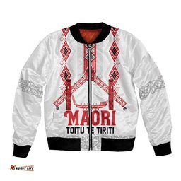 Toitu Te Tiriti Waitangi Bomber Jacket White Wharenui House LT9