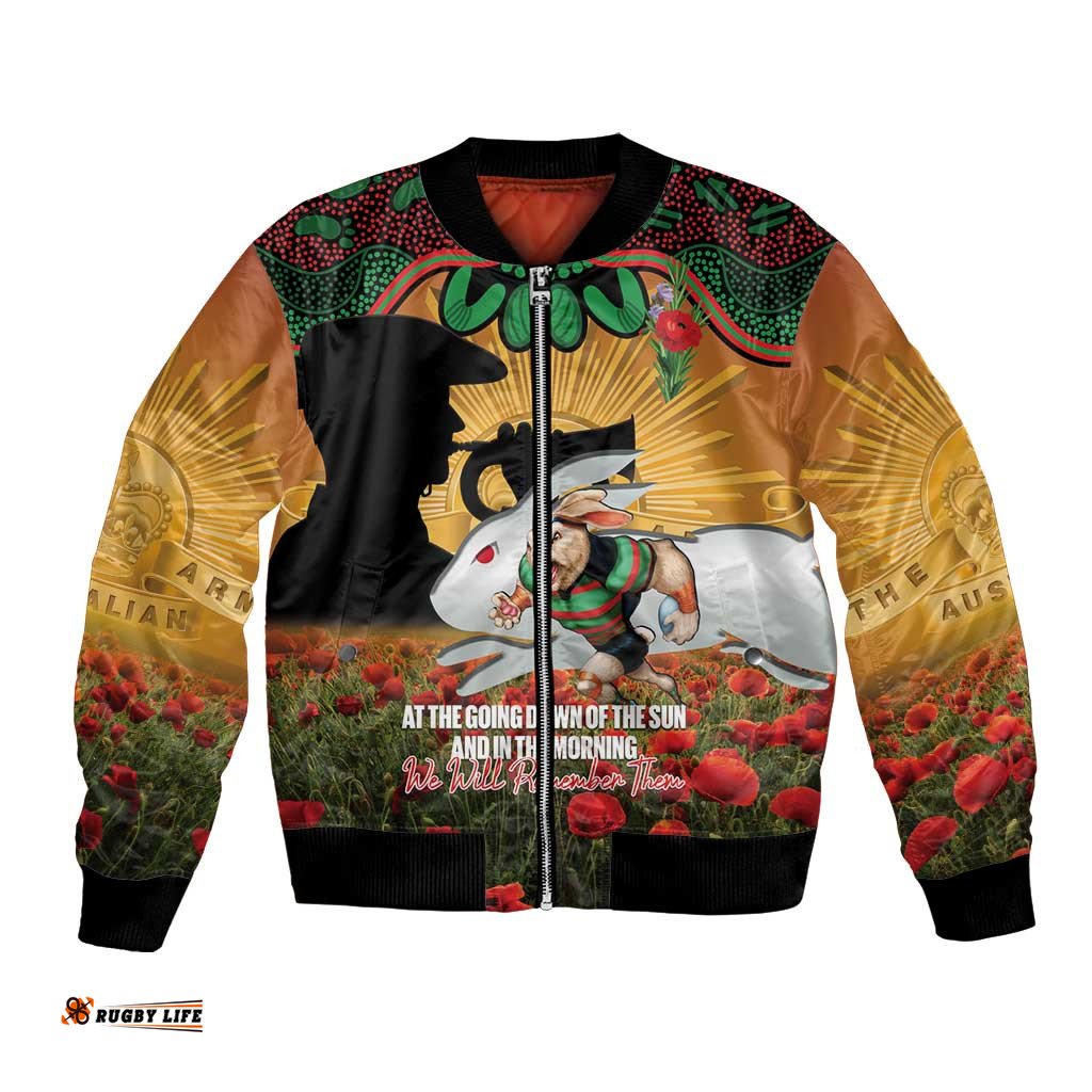 Personalised Rabbitohs Rugby ANZAC Day Bomber Jacket Last Post Poppy We Will Remember Them LT14