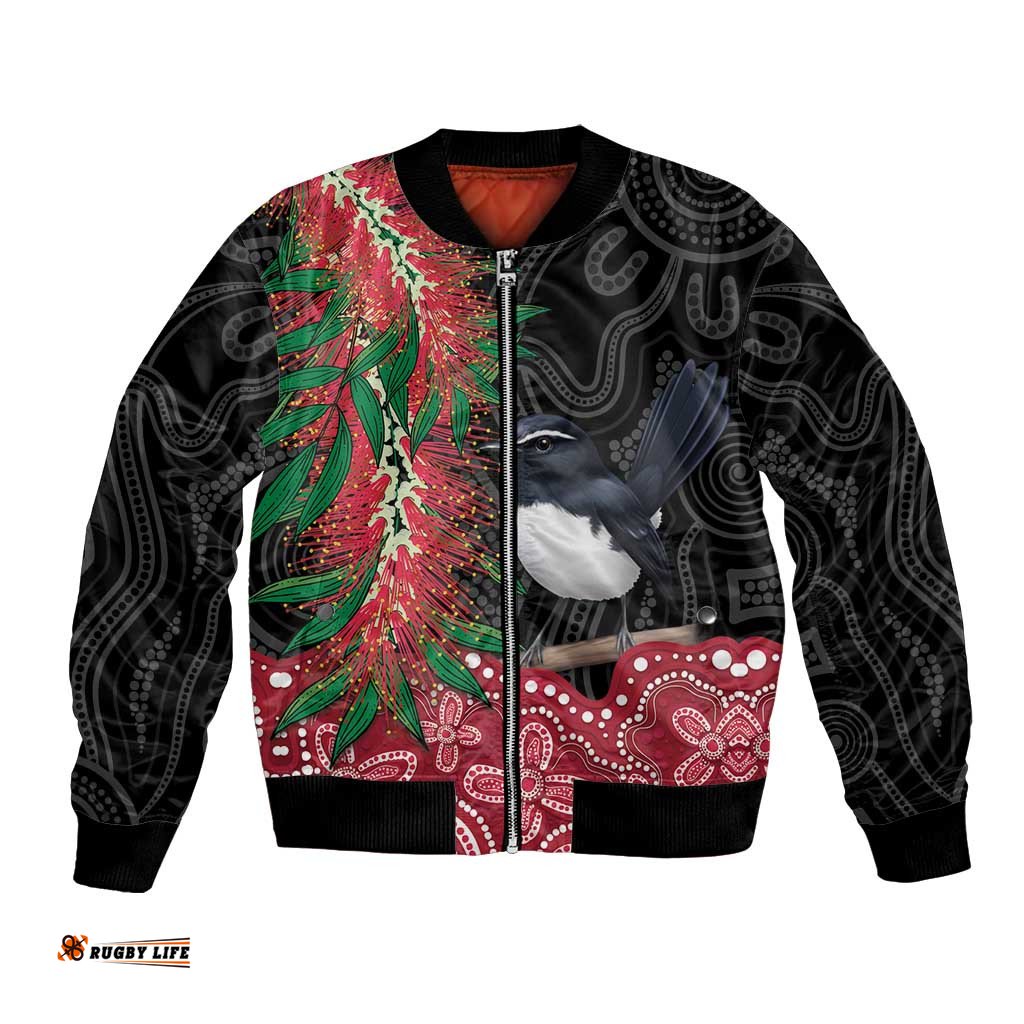 Willie wagtail Australia Bomber Jacket Aussie Bottlebrushes Aboriginal Art LT14
