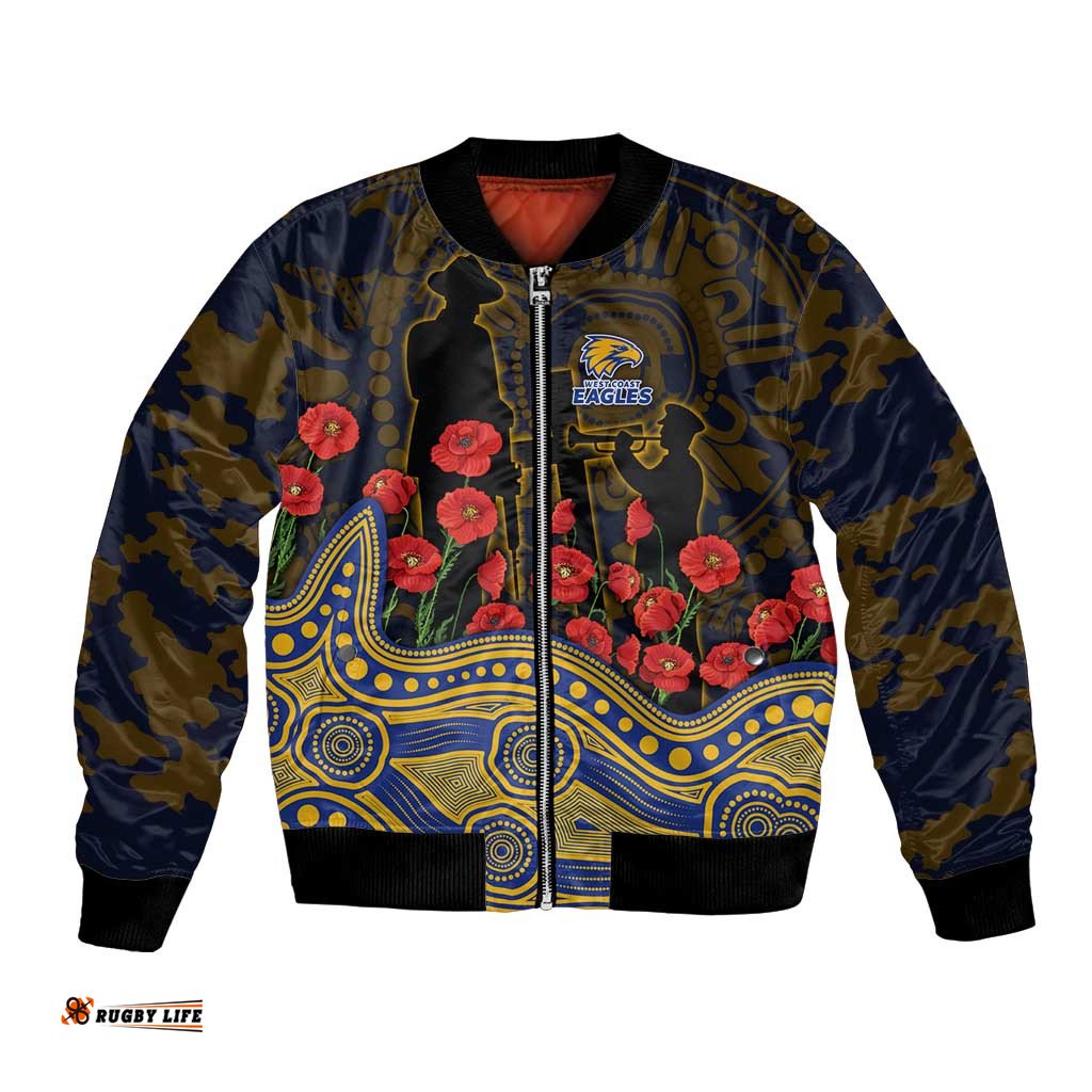 West Coast Eagles ANZAC Day Bomber Jacket Indigenous Dot Art with Poppy Flower Tribute TS04